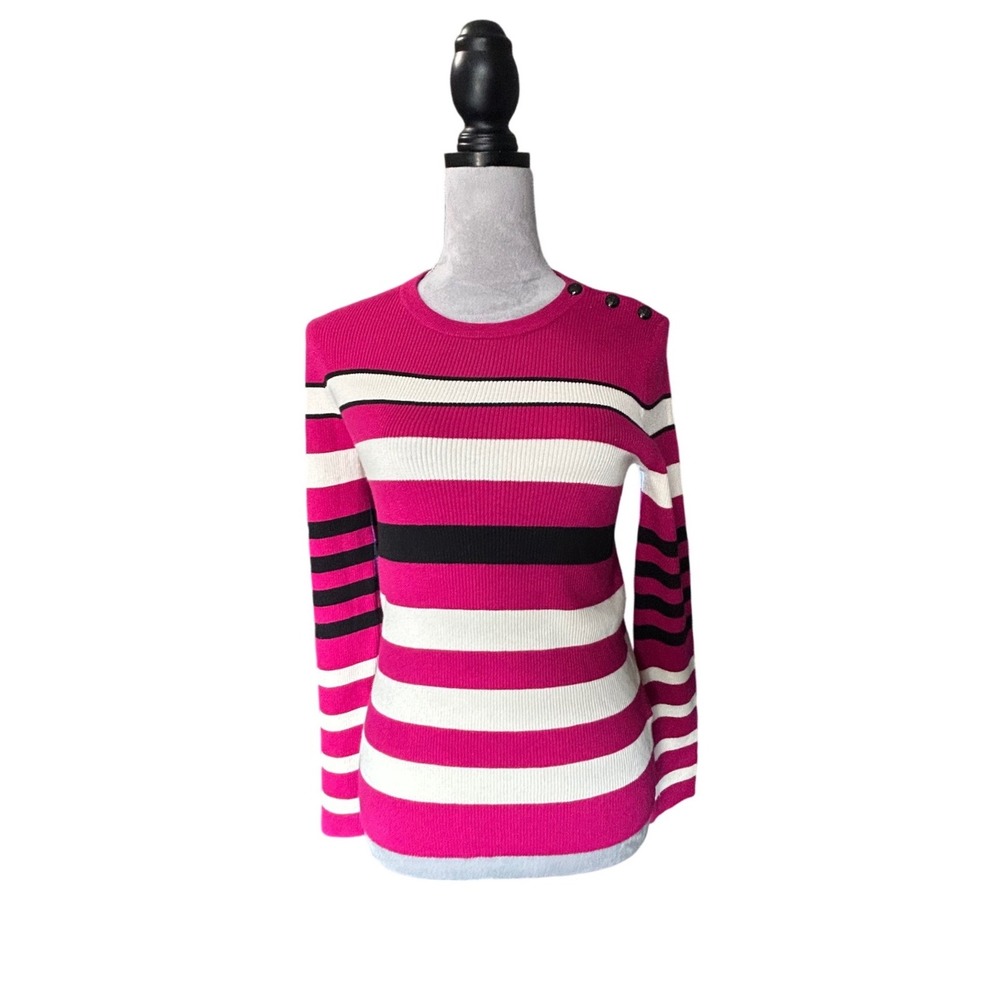 Lauren Ralph Lauren Pink White Black Stripe‎ Ribbed Sweater Buttons Women's M